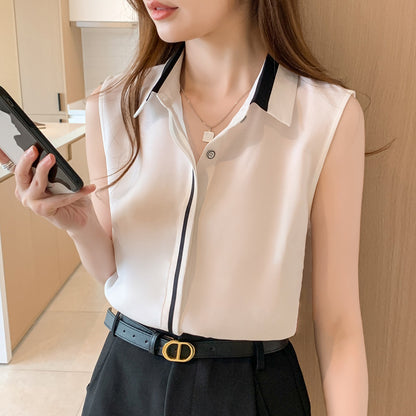 Contrast Color Waistcoat Shirt Women's Outer Wear Shirt Sleeveless Chiffon Comfort And Casual Top