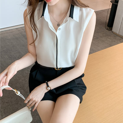 Contrast Color Waistcoat Shirt Women's Outer Wear Shirt Sleeveless Chiffon Comfort And Casual Top