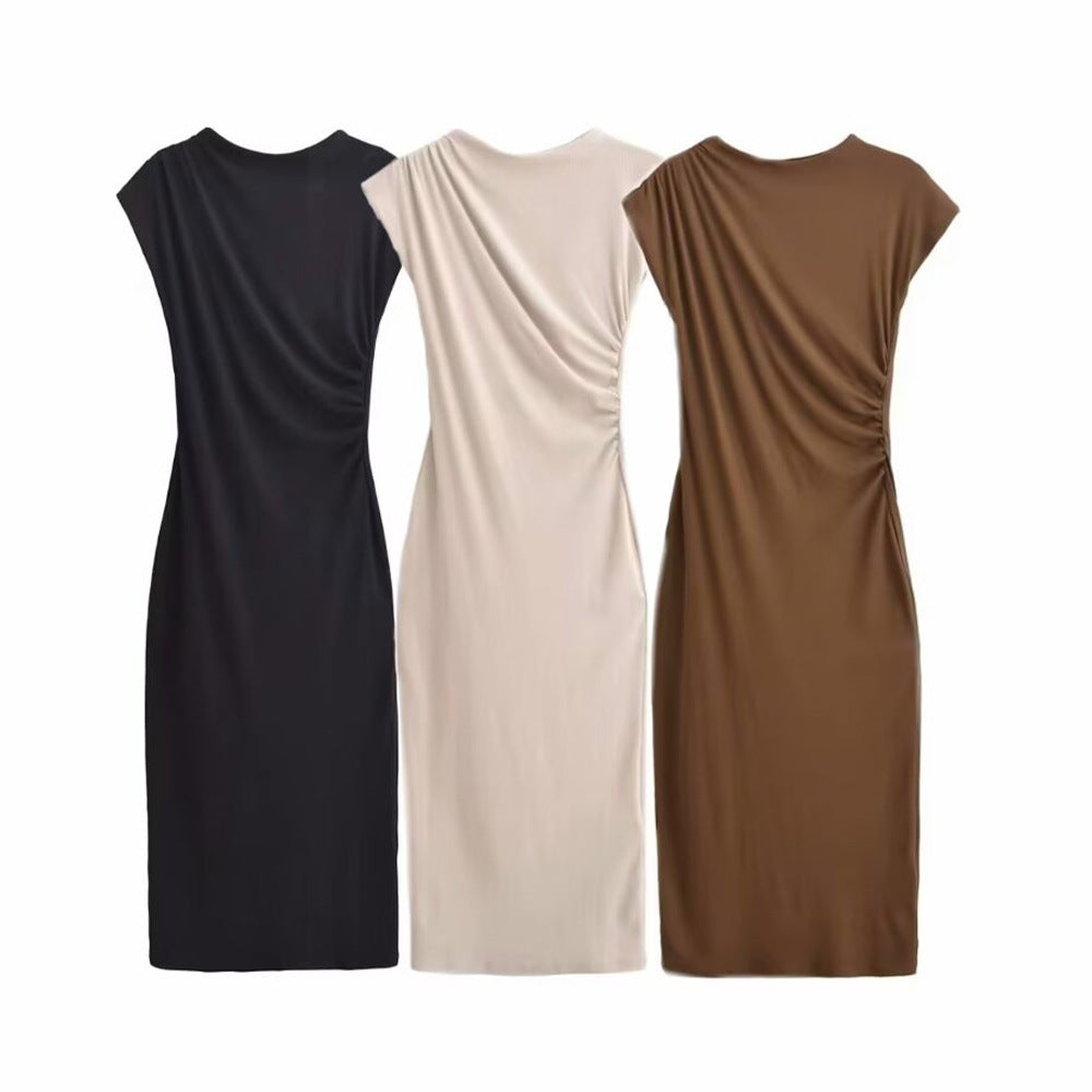 Spring And Summer New Round Neck Short Sleeve Pleated Dress Women